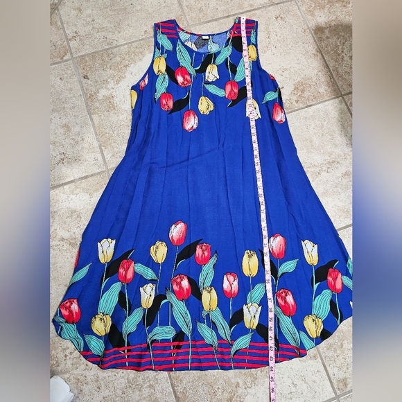Vintage Women’s M/L Sleeveless Dress Blue Cotton Tulip Floral Retro Boho Resort - Picture 6 of 6